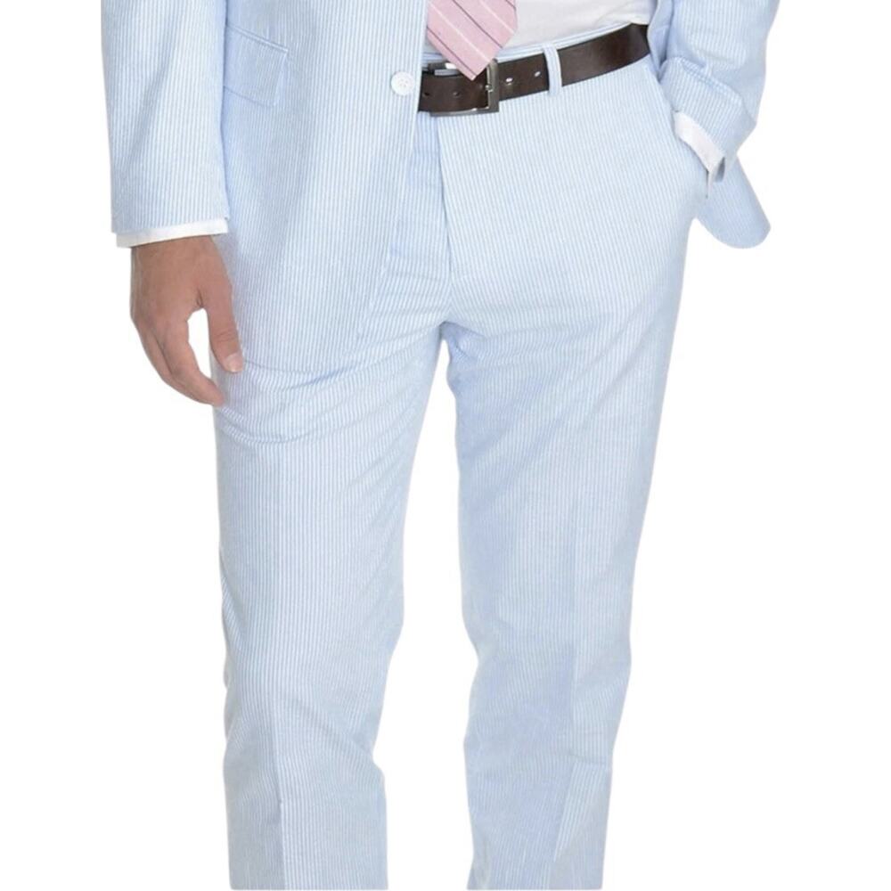 emigre Seersucke Pants Mens 38 Blue White Pinstriped Cotton Classic Straight Leg
